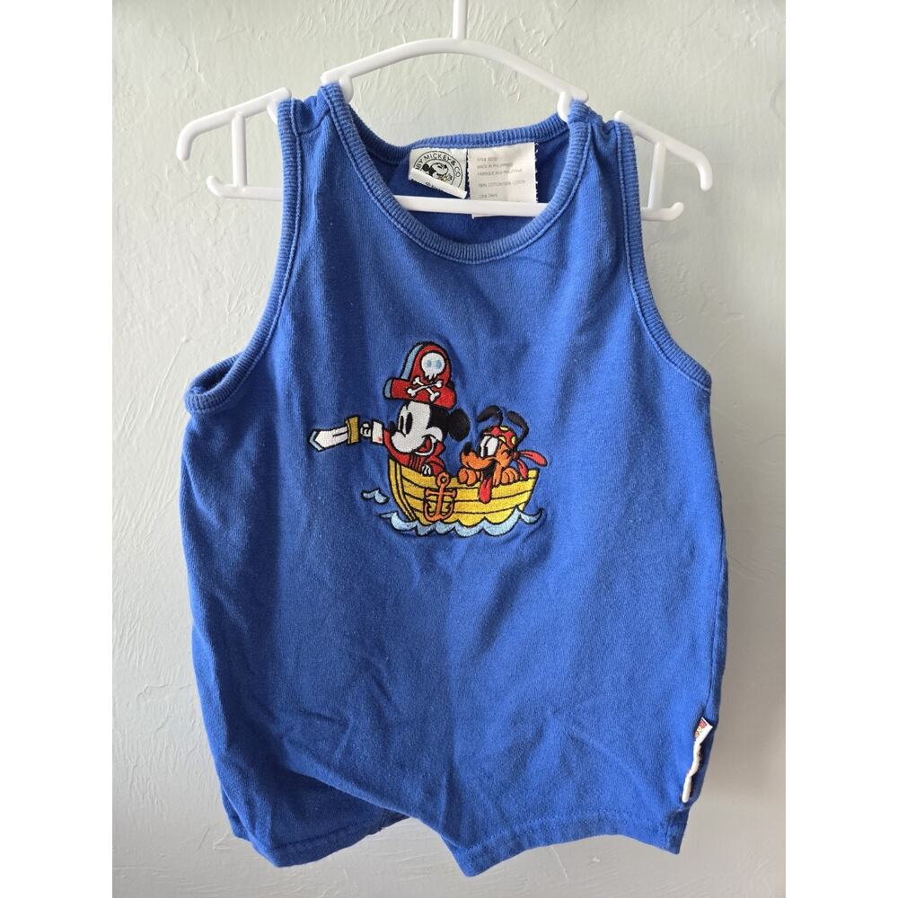 Vintage Baby Mickey & Co. Disney Mickey Mouse Pluto Pirate Tank Romper Blue 12M